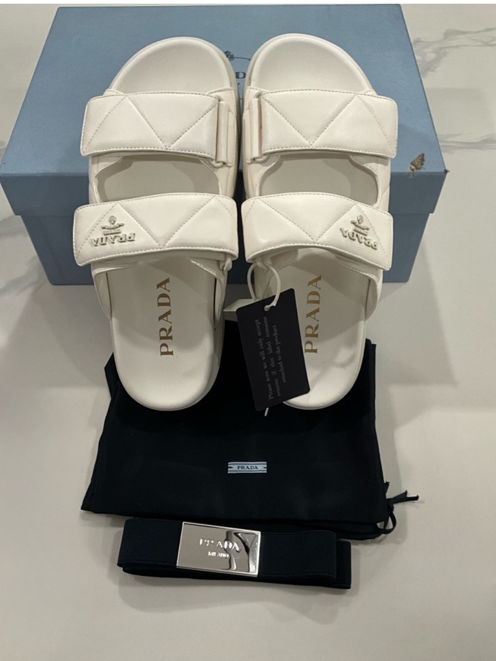 Prada Quilted Leather Nappa White Double Strap Sandals